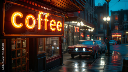 Neon "Coffee" Sign Shines on Building. Evening street and parked cars in the background.