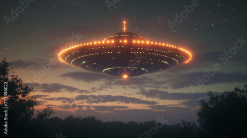 Majestic UFO Sighting Over Twilight Horizon. Aliens have arrived on earth. Futuristic fantasy.