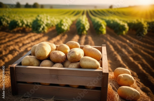 Harvested potatoes in a wooden box on the background of the field © Ruslan Russland