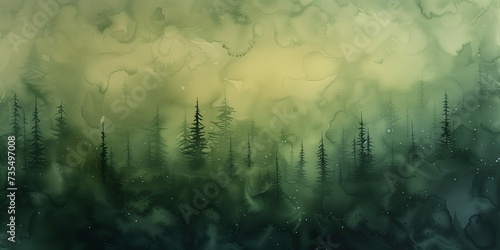 Abstract Misty Green Forest Scapes with Watercolor Aesthetics