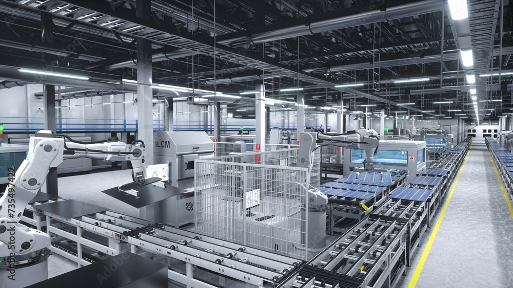 Heavy machinery in cutting edge solar panel warehouse handling photovoltaic modules on large assembly lines. Wide camera shot of sustainable facility manufacturing solar cells, 3D illustration