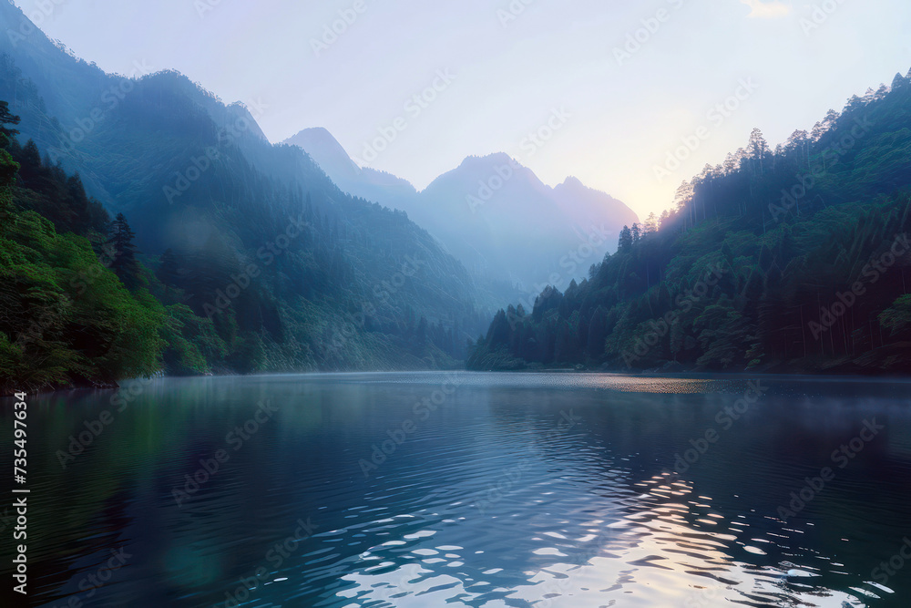 Serene mountain lake at sunset with forest reflection