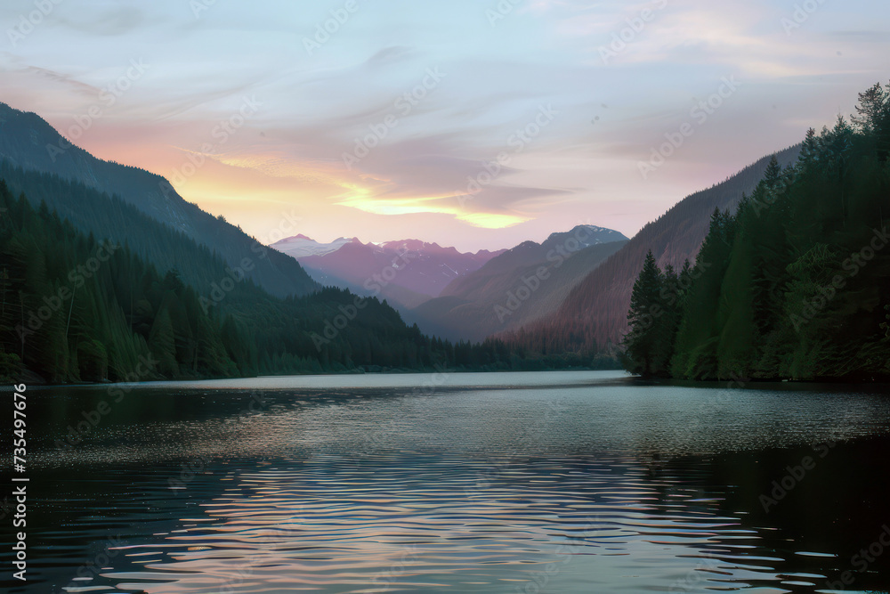 Serene mountain lake at sunset with forest reflection Serene mountain lake at sunset with forest reflection