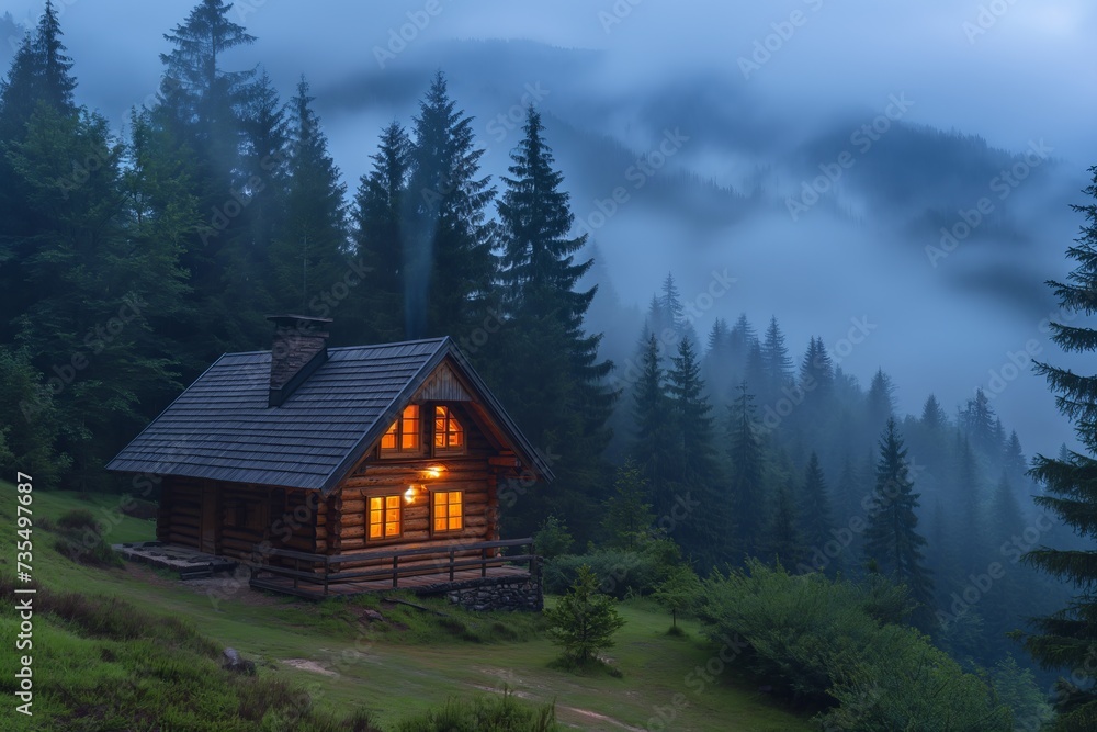 Illuminated Wooden house in the forest with the foggy mountains in the background at dusk