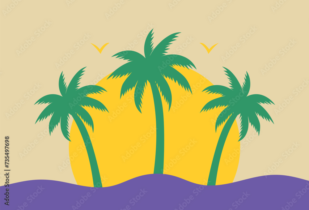 Bright silhouette of palm trees on a beige background. Three green palm trees against the background of sunset. Design of advertising brochures, travel agency banners. Vector illustration.