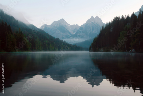 Serene mountain lake at sunset with forest reflection