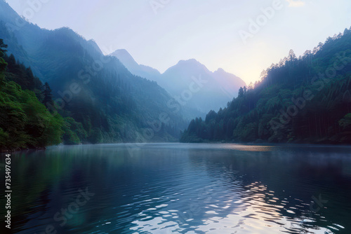 Serene mountain lake at sunset with forest reflection