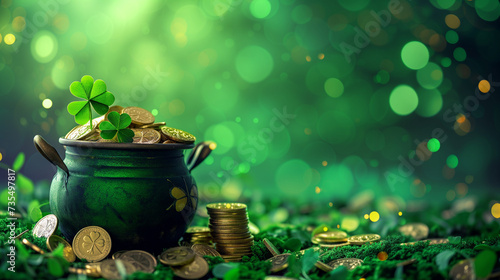 Pot of Gold With Clover on Green Bokeh Backdrop for St. Patricks Day Celebration. Background, banner, copy space.