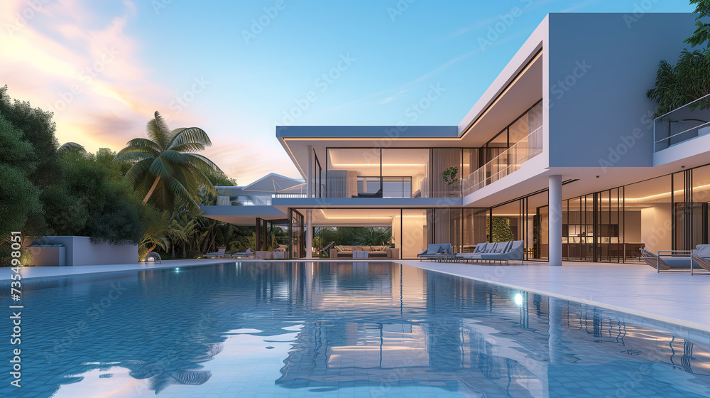 Modern Luxury Villa With Pool at Twilight. Luxury resort in a warm country with a palm tree