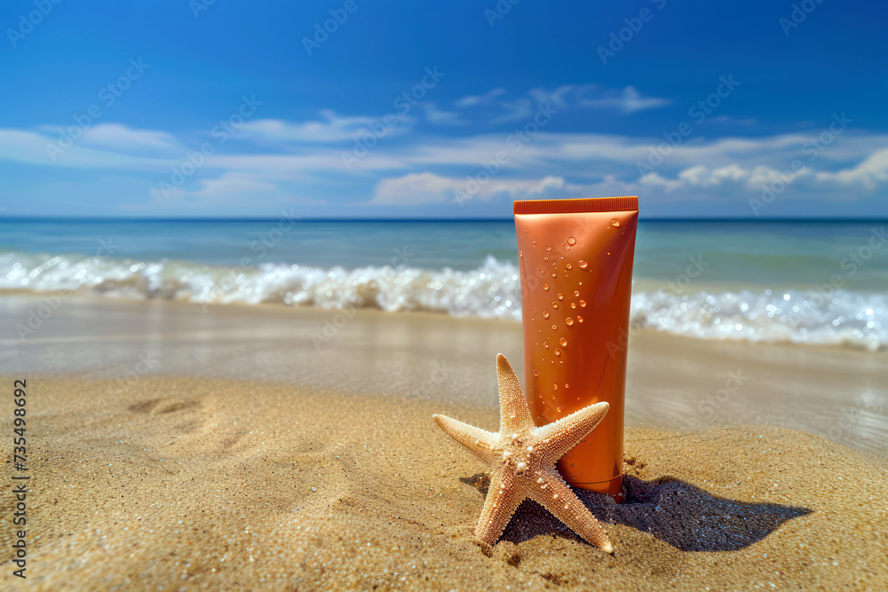 A bottle of sunscreen and a starfish on a sunny beach A bottle of sunscreen and a starfish on a sunny beach
