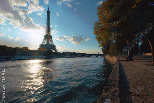 Paris Eiffel Tower at sunrise near the Seine