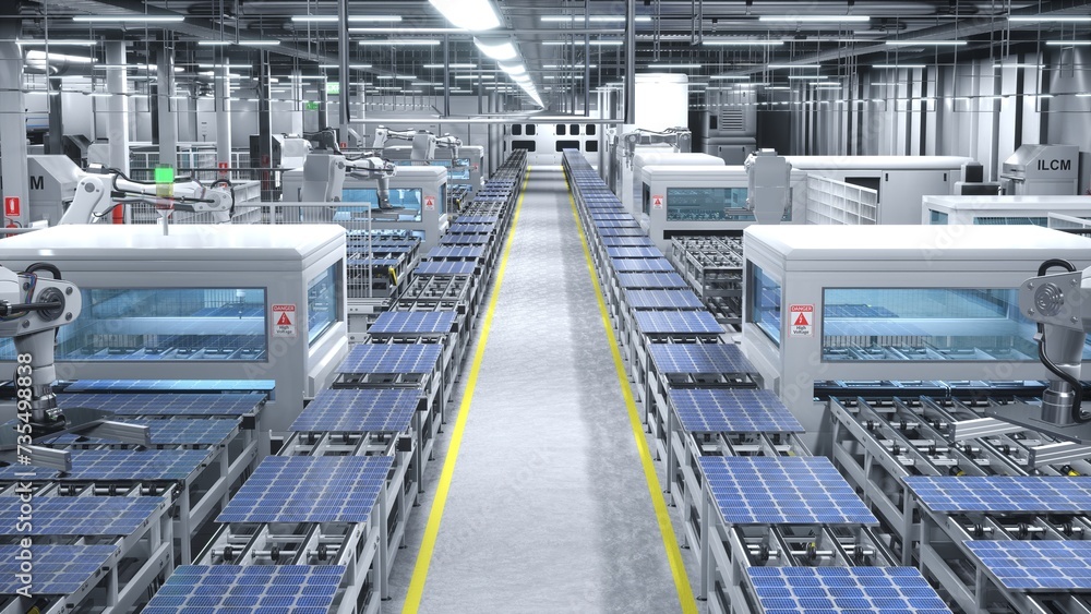 Solar panels being moved on conveyor belts during high tech production process in clean energy factory, 3D rendering. PV models used to produce alternative electricity being placed on assembly lines