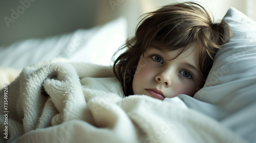 Sick Young Child Resting in Bed With Soft Morning Light, Flu and allergy season