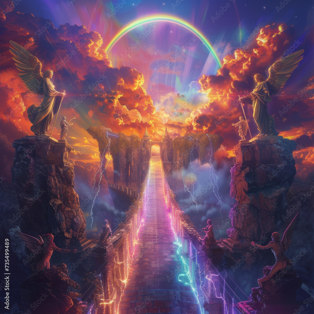 A bridge of light spanning a neon lit chasm guarded by angelic and devilish statues under a sky painted with eternal rainbows