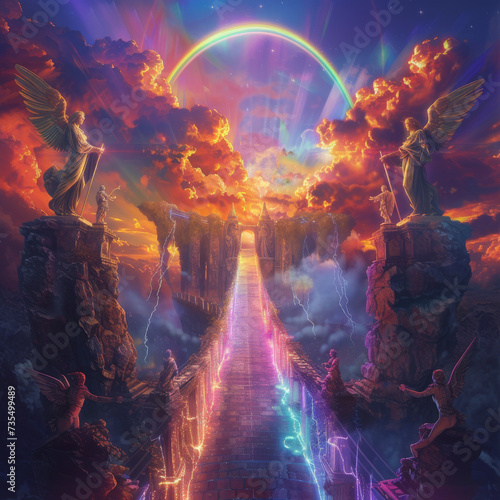 A bridge of light spanning a neon lit chasm guarded by angelic and devilish statues under a sky painted with eternal rainbows photo