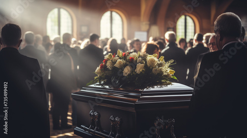 Funeral Service in a Church With Mourners and Floral-Topped Casket photo