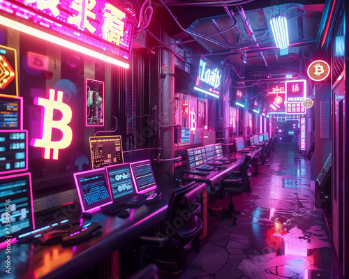 A cyberpunk marketplace where business and technology merge trading in bitcoins and digital goods under neon lights