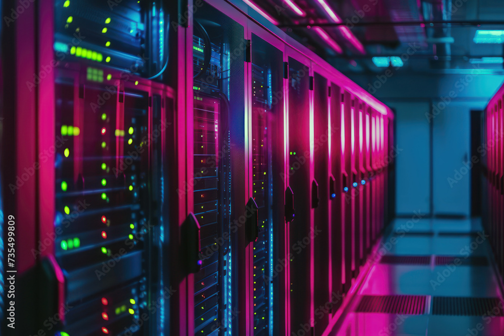 Modern data center with illuminated server racks for networking and technology Modern data center with illuminated server racks for networking and technology
