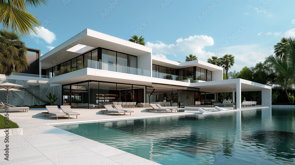 Fototapeta premium Modern Luxury Villa With Poolside Lounging Area Under Clear Skies