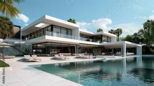 Modern Luxury Villa With Poolside Lounging Area Under Clear Skies © keystoker