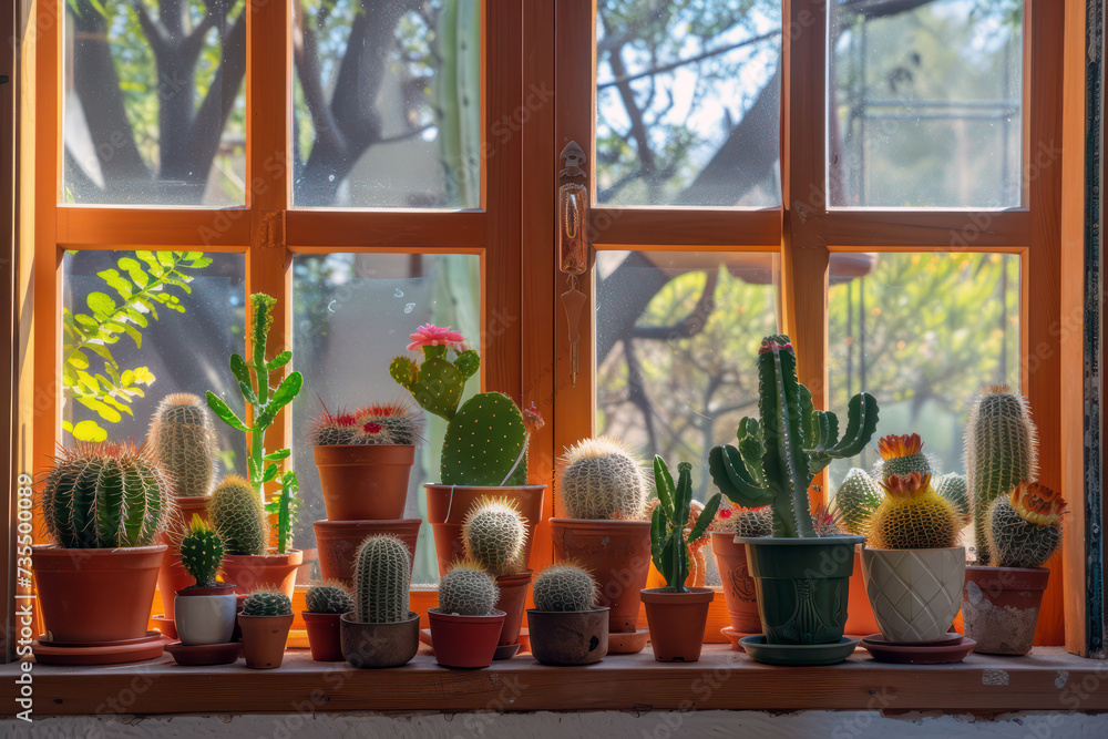 Assorted cacti and succulents on a sunny windowsill for indoor greenery Assorted cacti and succulents on a sunny windowsill for indoor greenery