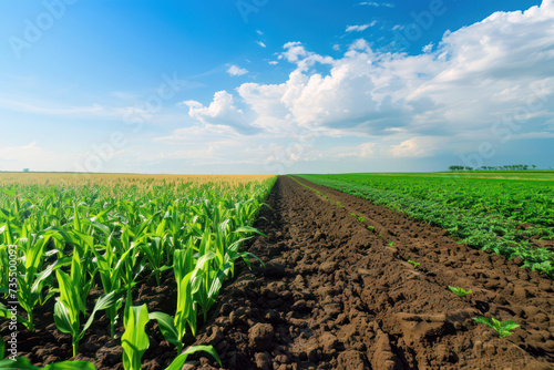 Agricultural field with crops of corn and wheat on fertile soil