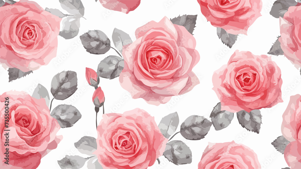 Watercolor pink roses on white seamless pattern.