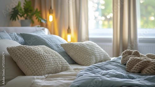 Bedroom soft-lit, with comforters and pillows in soft pop comforting colors