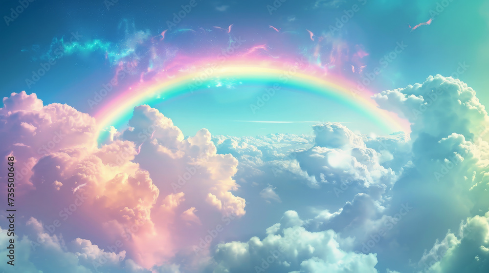 An angelic realm above the sea where the sky is painted with neon rainbows and animals of light frolic in the clouds