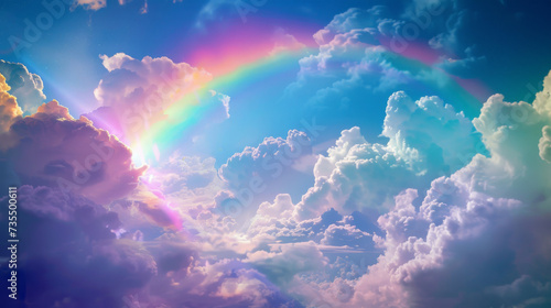 An angelic realm above the sea where the sky is painted with neon rainbows 