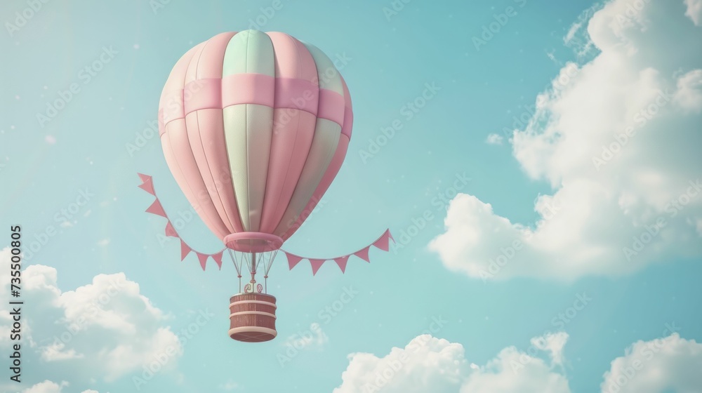Fototapeta premium illustrated soft pop color hot air balloon with happy banner flying high