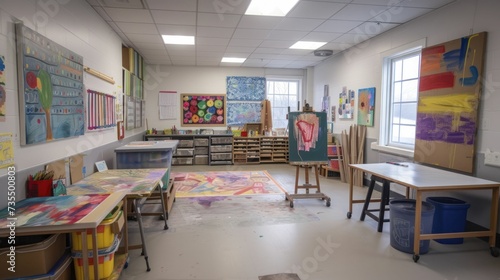 Studio for art with splashes of soft pop on walls and canvases © Manyapha
