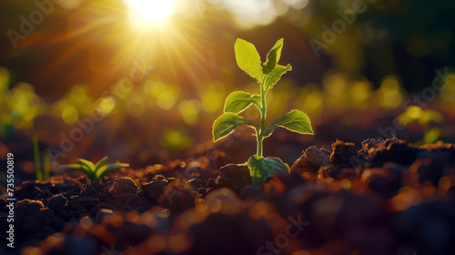 A young plant germinates on sunlit soil. Concept of growth and new beginnings