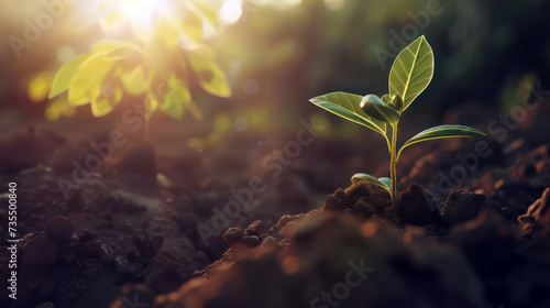 A young plant germinates on sunlit soil. Concept of growth and new beginnings