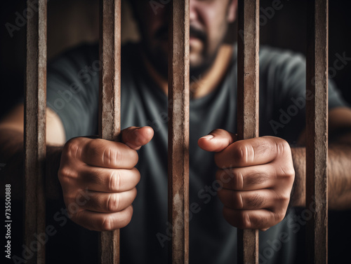 Male prisoner in a black shirt in prison with an air of distress, hands holding onto the cell bars