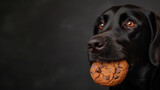 Close-up of Black Dog Holding Cookie in Mouth. Advertising for chocolate chip cookies for dogs. Space for text. Banner.