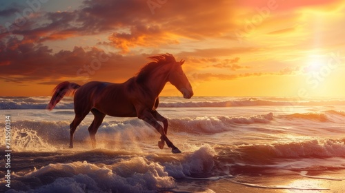 Majestic Horse Running on Beach at Sunrise AI Generated.