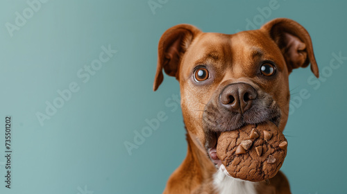 Dog Holding Cookie in Mouth. Advertising for chocolate chip cookies for dogs. Space for text. Banner.