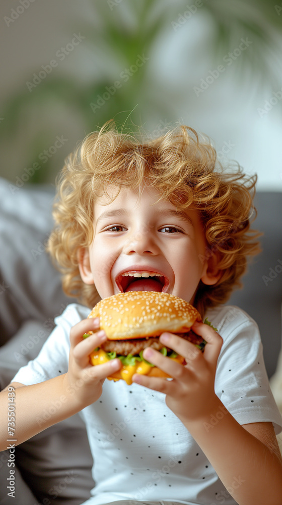 Excited happy Cheerful Young Boy Eating a Juicy Big Burger at home. Indulgence homemade healthy fast food enjoying. Excited happy Cheerful Young Boy Eating a Juicy Big Burger at home. Indulgence homemade healthy fast food enjoying.