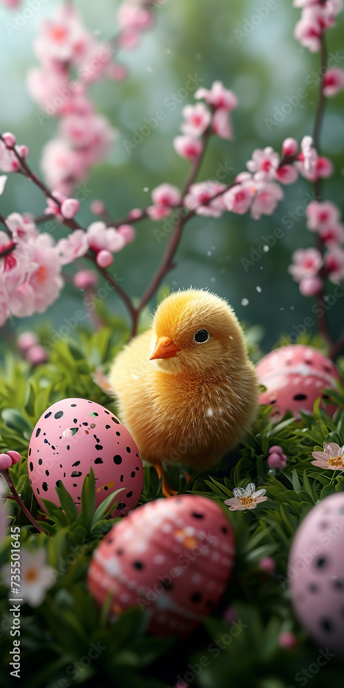 Easter background with easter eggs, spring flowers and little chicken
