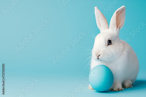 Easter bunny rabbit with painted egg on blue background © Alena