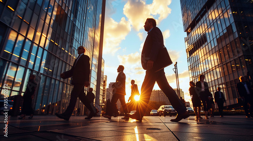 Side view of business people walking in front of skyscraper at morning, with sun beam effect. Some people in suits are go to work to the office. Modern business district center. Generative AI