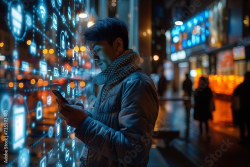 Side view of young man using laptop on street with night city lights on background. Global world network and telecommunication on earth cryptocurrency and blockchain