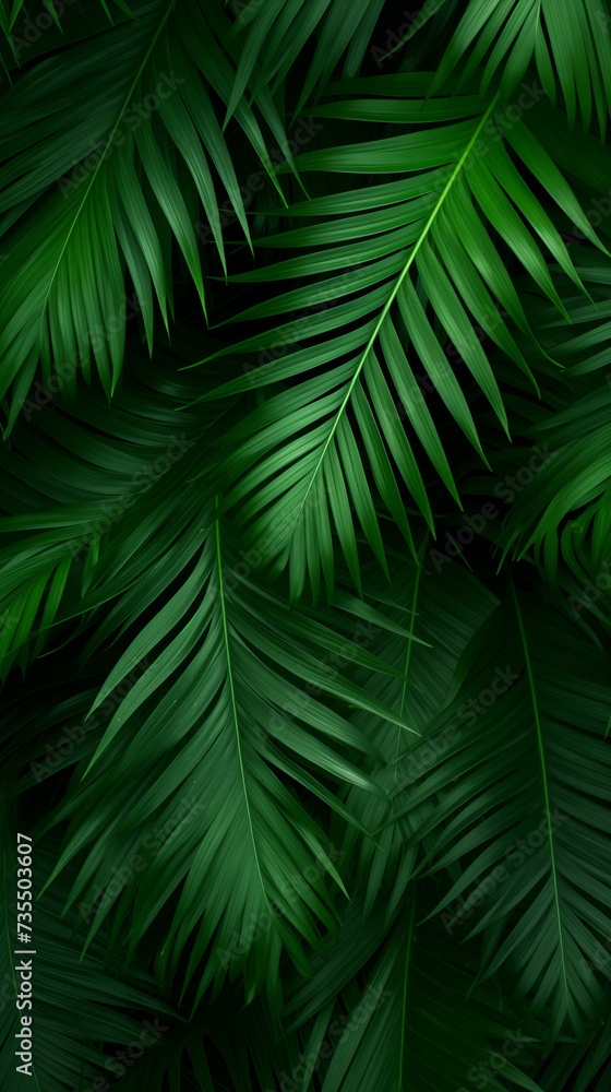 Exotic tropical wall with green palm, Close Up of a Lush Green Leafy Plant, Bali style template, background. Wallpaper.
