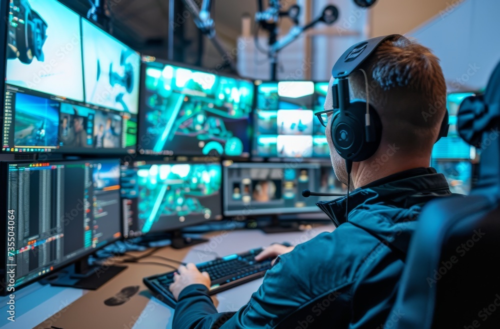 An electronic engineer immersed in sound, surrounded by screens and cables, captures his creative vision in the comfort of his recording studio An electronic engineer immersed in sound, surrounded by screens and cables, captures his creative vision in the comfort of his recording studio