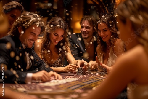 Multiracial men and women gambling at roulette with poker chips in casino at night. Excited Casino Players Making Bets at a Roulette Table. Successful Bets and Winning a Big Sum of Money