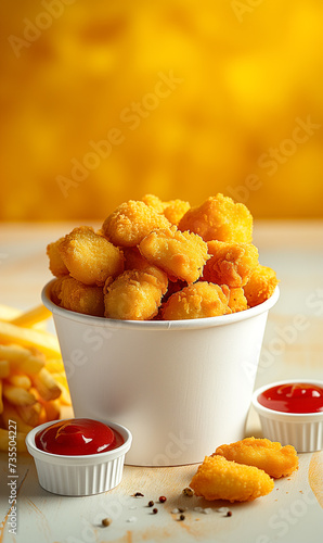 chicken nuggets in a bowl and french fries with ketchup