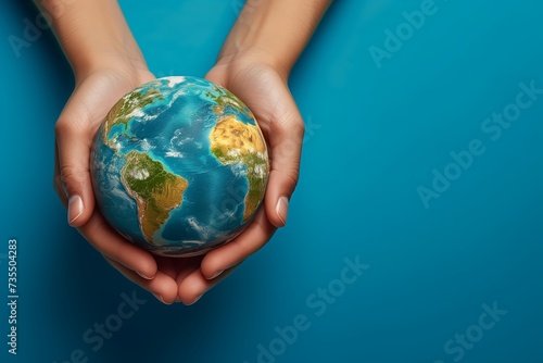 Earth is holding in human hands. Energy saving concept. Renewable and Sustainable Resources. Environmental Care. Hands of People  Embracing a Handmade Globe. Protecting Planet Together. Banner