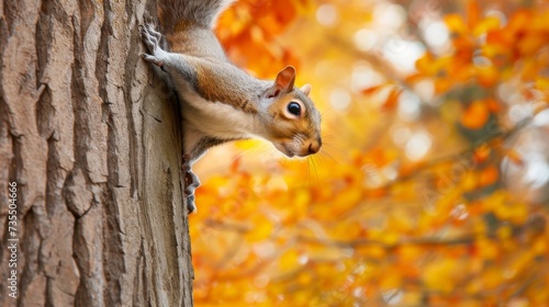 Scenic Autumn Forest with Cute Squirrel Scampering Up Tree Trunk