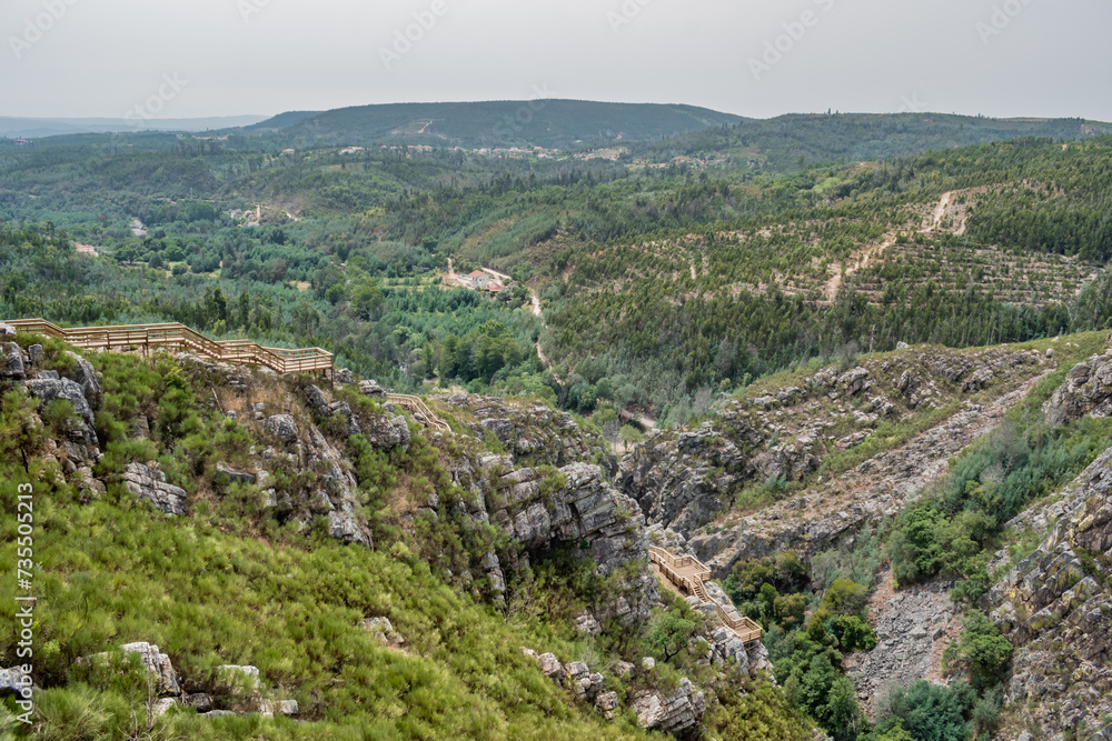 Craggy cliff mountain with Cerro da Candosa walkways to viewpoint to Portas do Ceira river in the valley, Vila Nova do Ceira PORTUGAL